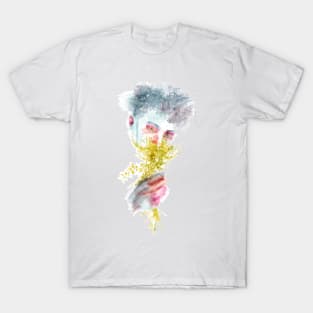 Abstract Male Watercolor Portrait with Wildflowers Bouquet T-Shirt